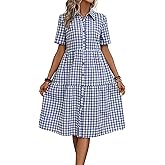 ebossy Women's Retro Plaid Shirt Dress Elegant Lapel Button Up Swing A line Flowy Gingham Mid Tunic Dress