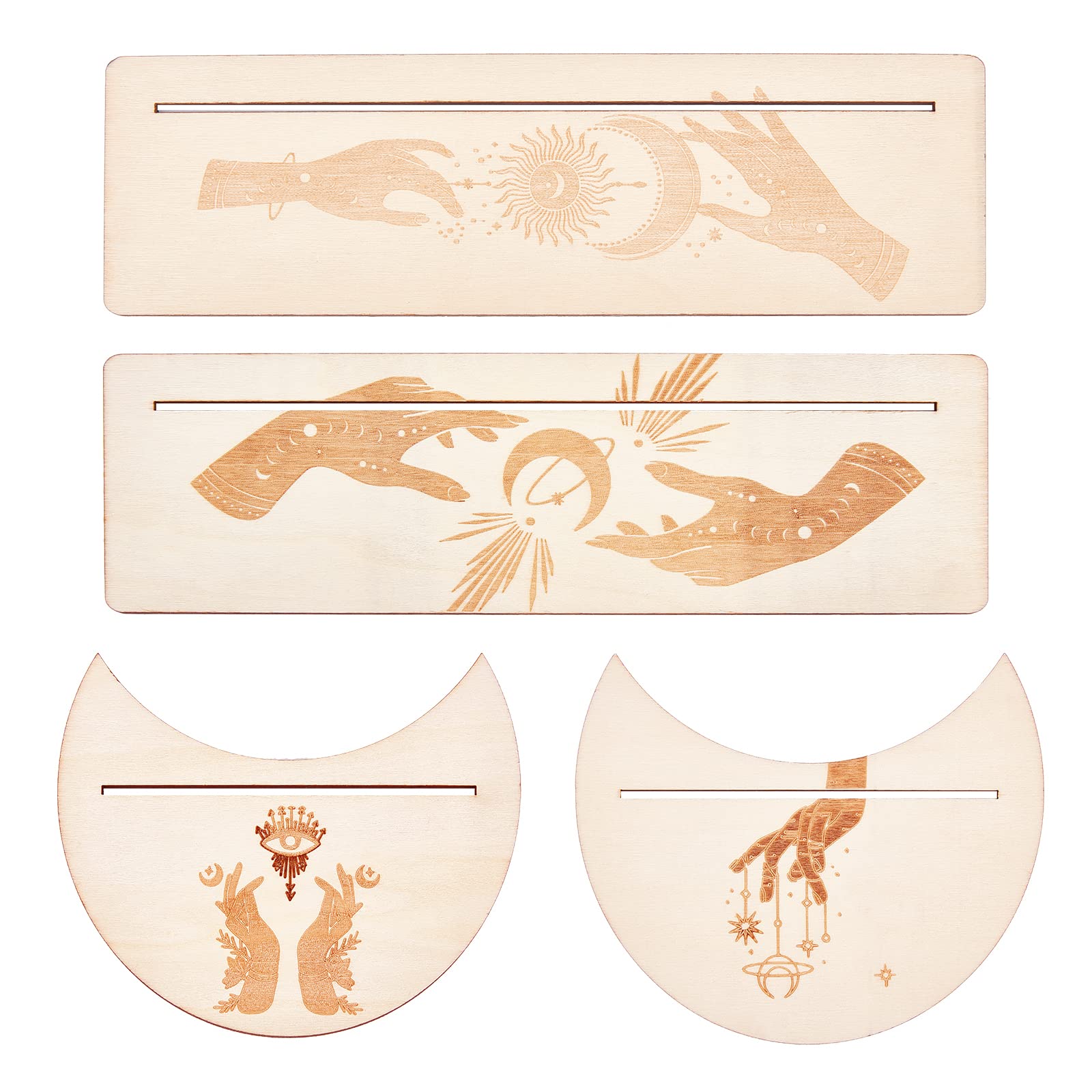 GORGECRAFT 4 Pieces Wooden Tarot Card Stand Holder Moon and Hand of Hope Pattern Tarot Card Altar Stand Rectangle for Witch Divination Tools Ceremonial Supplies,75x250x4mm, 103x124x3.5mm