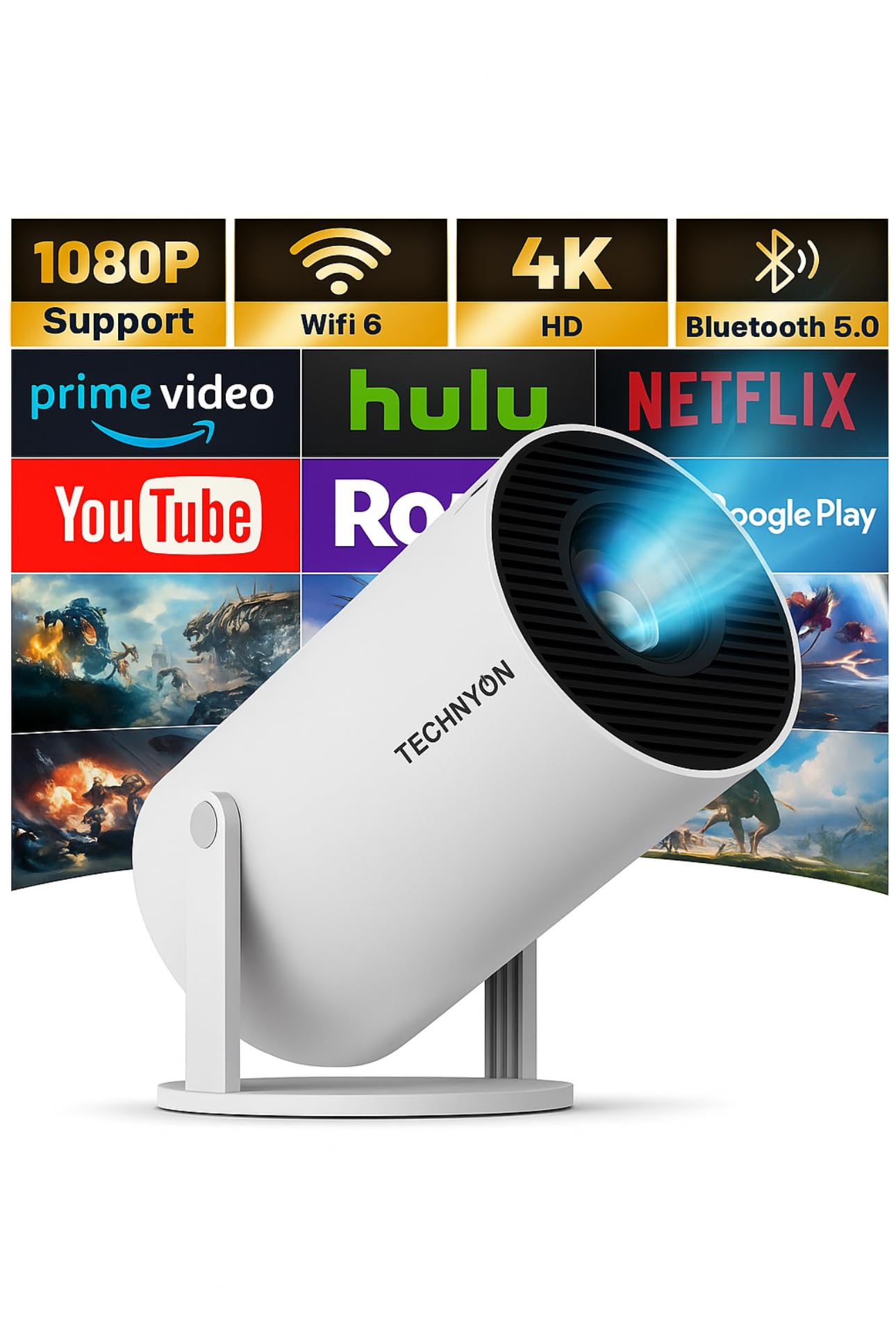HY300 PRO+ 2025 | 1080P Full HD WiFi Projector with Android 11.0 – 12000 Lumens Portable Home Theater & Outdoor Movie Projector | Screen Mirroring for iOS/Android | Gaming & HDMI Compatible