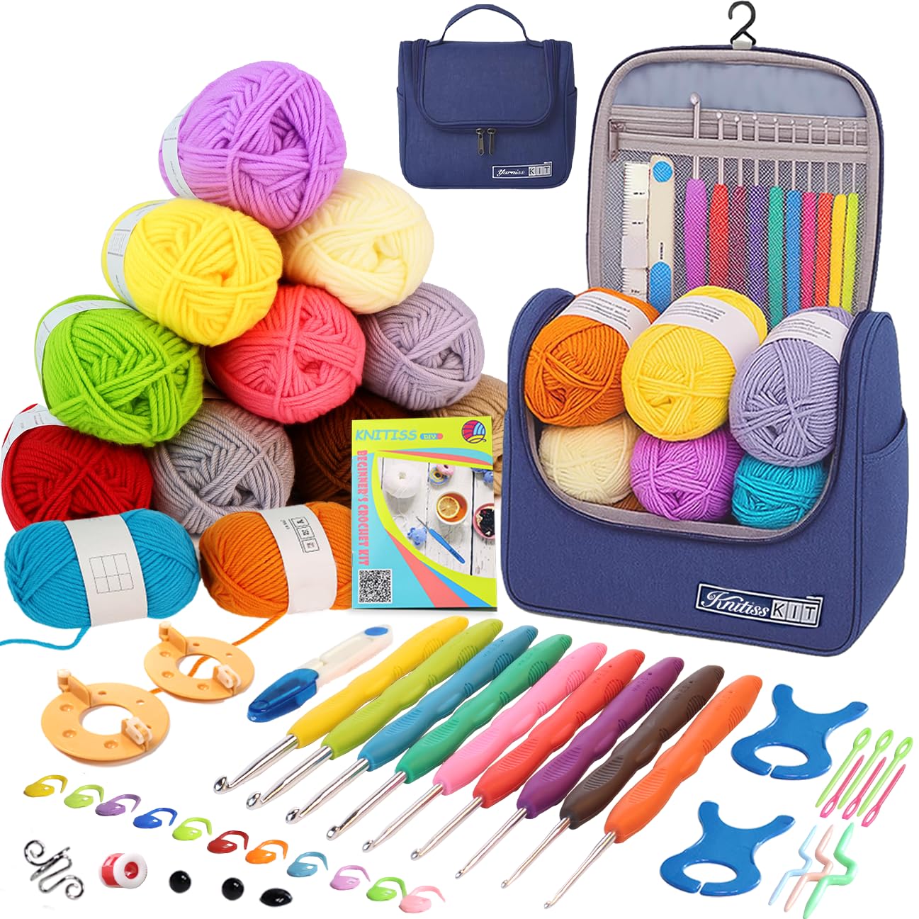 Knitiss Crochet Kits for Beginners Adults, All in One Crochet Starter Kit with 12 Pcs Crochet Yarn, 9 Size Ergonomic Crochet Hooks 2.0mm~6.0mm