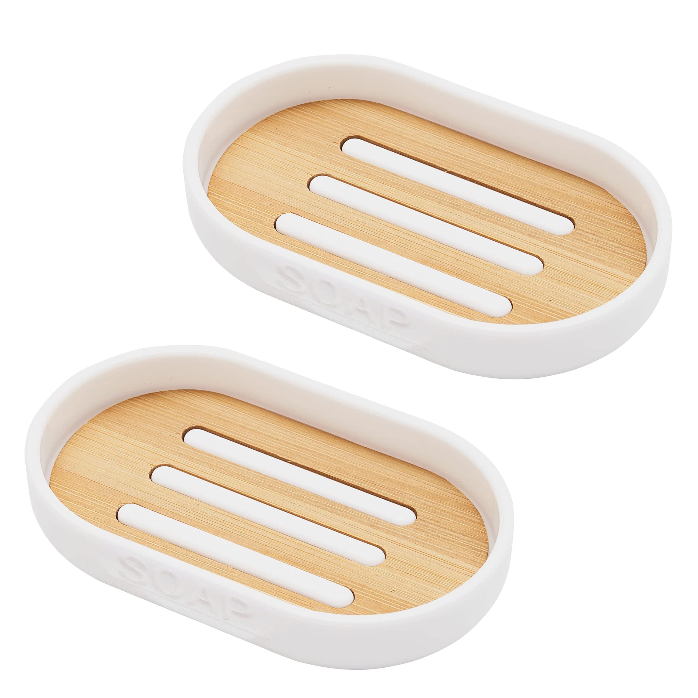 AMARE Soap Dish Set of 2 Bamboo Soap Holder 12.3 x 9.3 x 2.5 cm White