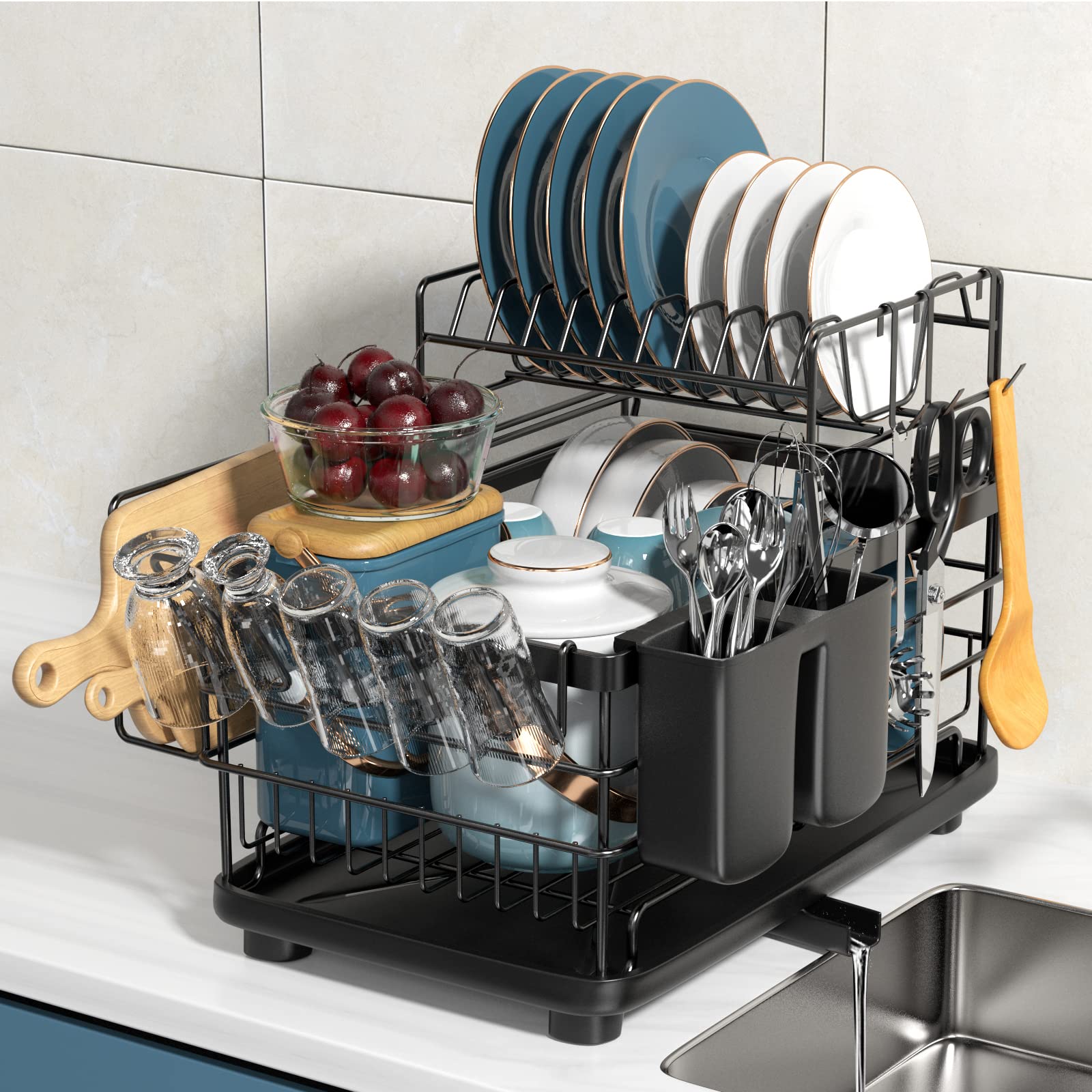 Aonee 2 Tier Dish Drying Rack with Drainboard, Cutlery Holder, Cutting ...