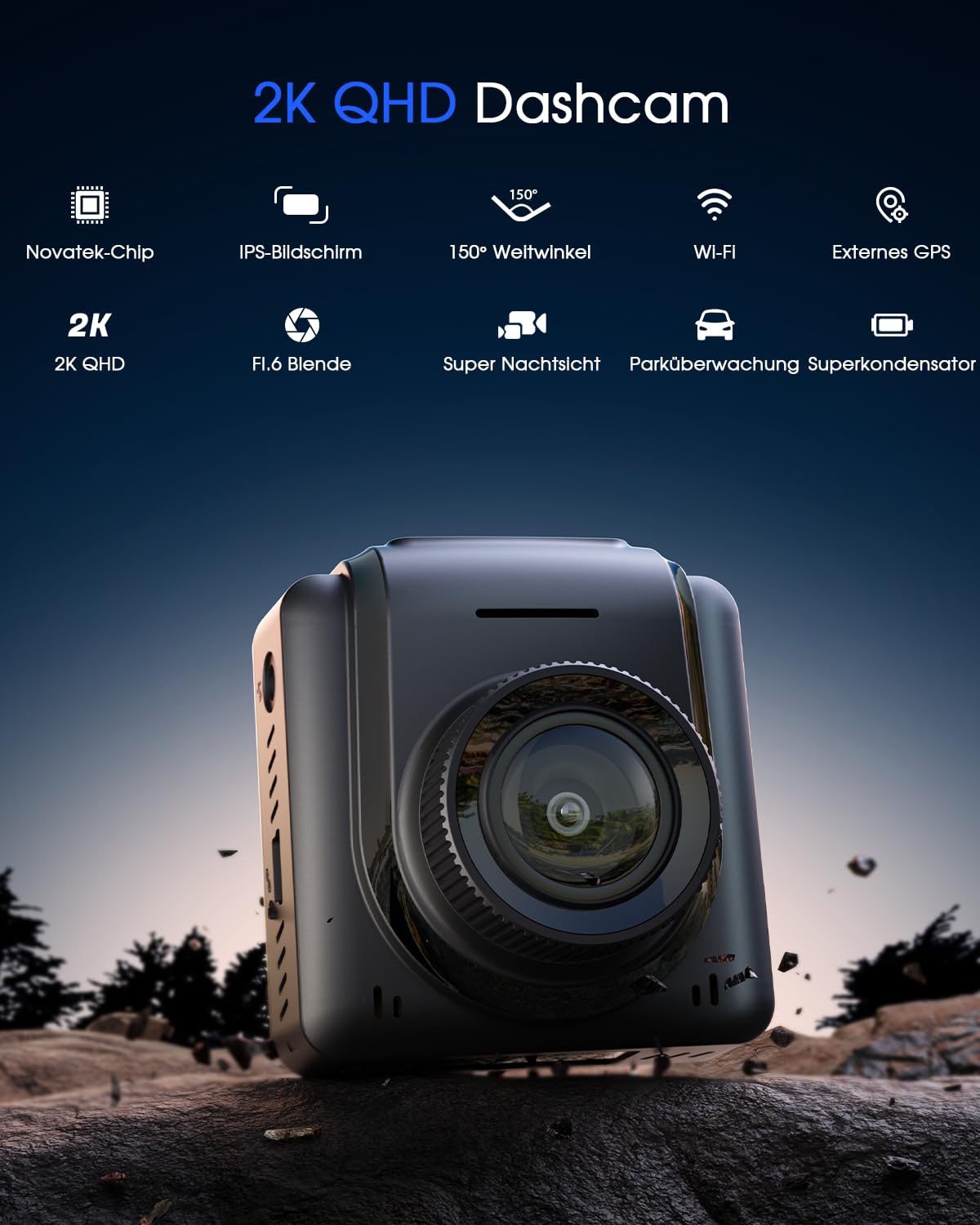 Avylet Dashcam Auto 2K, 1440P WiFi Dash Cam, Mini Vorne Autokamera Unterstützt externes GPS, 1.5" IPS-Bildschirm, APP, Super Nachtsicht, WDR, 24/7 Parküberwachung, Loop-Aufnahme, G-Sensor 2