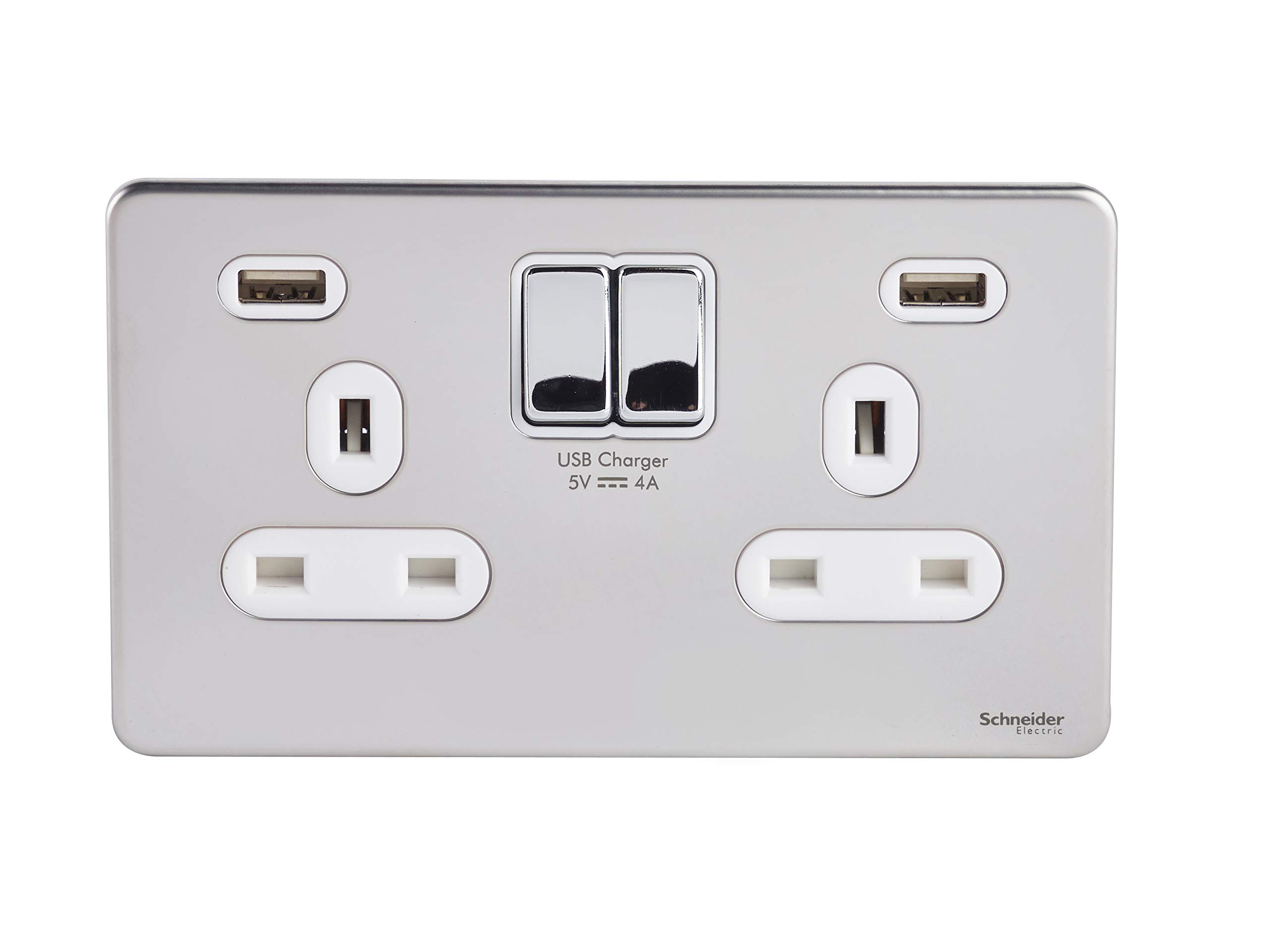 Schneider Electric Ultimate Screwless Flat Plate - Switched Double Power Socket, Double Pole, 13A, With USB Charging Ports, GGBGU3424DWPC, Polished Chrome With White Insert