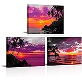 Canvbay 3 Piece Purple Sunset Beach Wall Art Tropical Coconut tree Prints on Canvas Purple Seascape Artwork Framed for Office Home Decor 12x16inchx3pcs