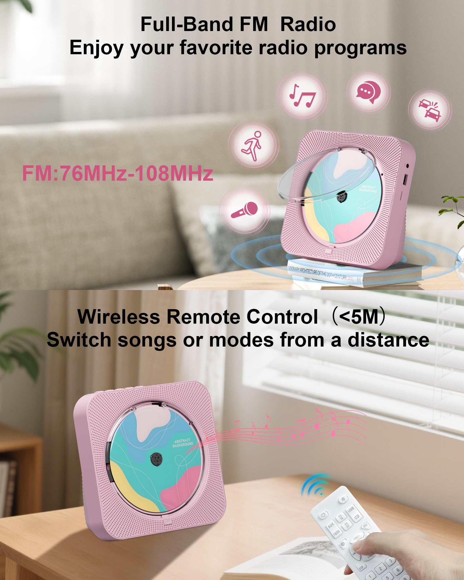 CD Player Portable with Bluetooth 5.1Desktop CD Player with HiFi Sound Speakers,Remote Control,Dust Cover,LED Display,Boombox FM Radio,USB/AUX for Home (Pink)