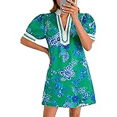 Wenrine Womens Summer Mini Dress Casual Floral Puff Sleeve V Neck Color Block Loose Boho Beach Dresses with Pockets