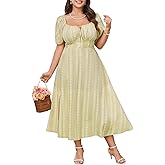 SCOMCHIC Womens Plus Size Summer Dresses Short Sleeve Square Neck Milkmaid Dress Tie Front Split A-Line Maxi Dress