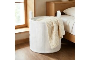 Laundry Basket, Blanket Basket Organising Clothes, Large Round Storage Clothes Hamper for Living Room Nursery Bedroom (White)