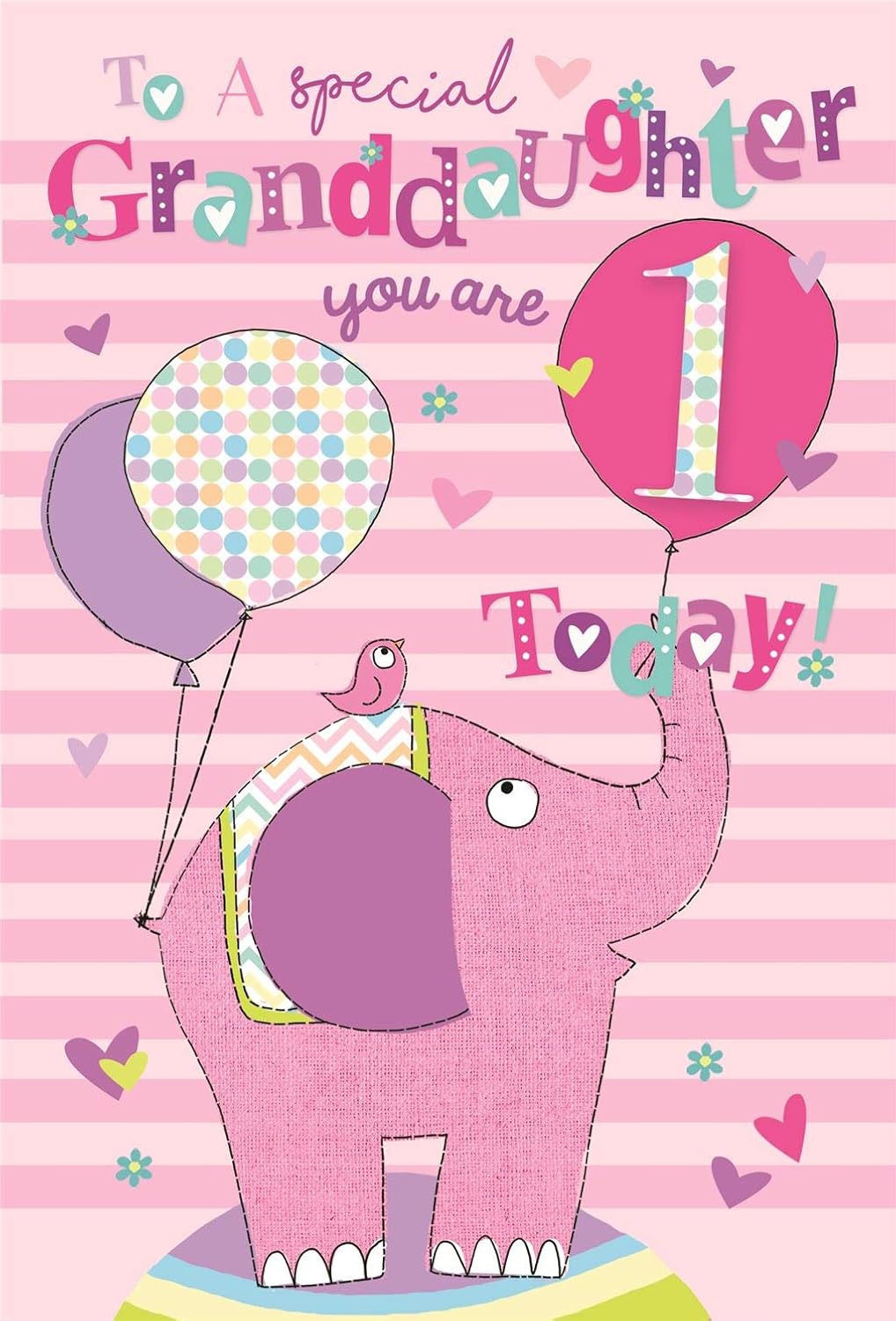 To A Special Granddaughter 1st 1 Today Elephant Bird Design Happy Birthday Card, pink|red|beige, 152 x 228 mm