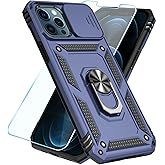 SunStory Compatible with iPhone 12 Pro Max Case with HD Screen Protector & Slide Camera Cover & Rotated Ring Kickstand, [Military-Grade] Phone Case for iPhone 12 Pro Max (Blue)