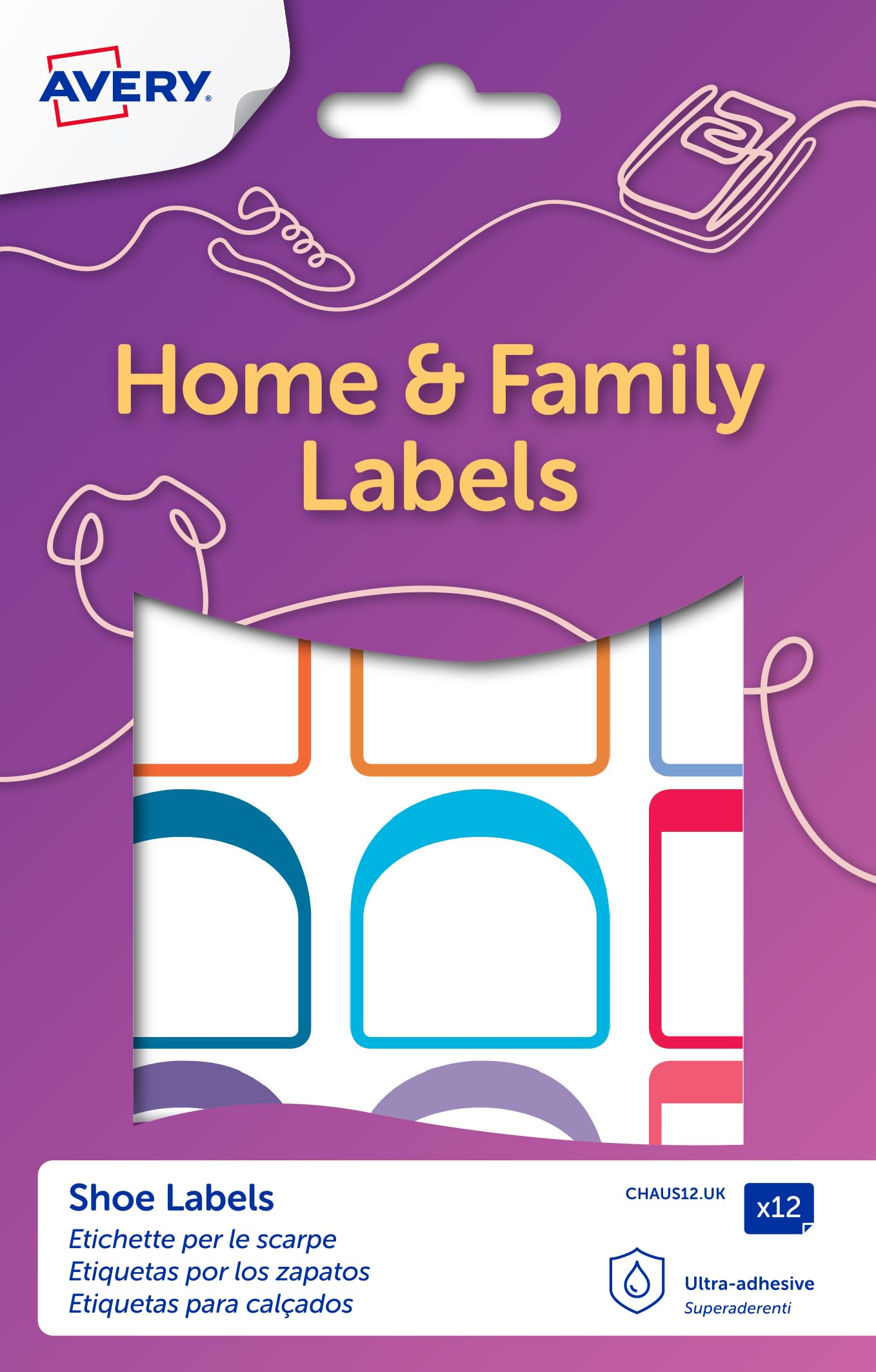 Avery Stick-On Shoe Labels for Kids & Adults, Durable Name Labels for Shoes, 24 Pack – 2 Sizes (30x30mm & 15x30mm), White with Bold Colour Edges, Waterproof & Easy to Apply (CHAUS12.UK)