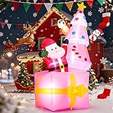 8FT Tall Christmas Inflatable Outdoor Indoor Decoration with Built-in LED Lights, Blow Up Santa on Gift Box with Pink Christmas Tree Yard Decor, for Party/Holiday/Xmas/Yard/Garden