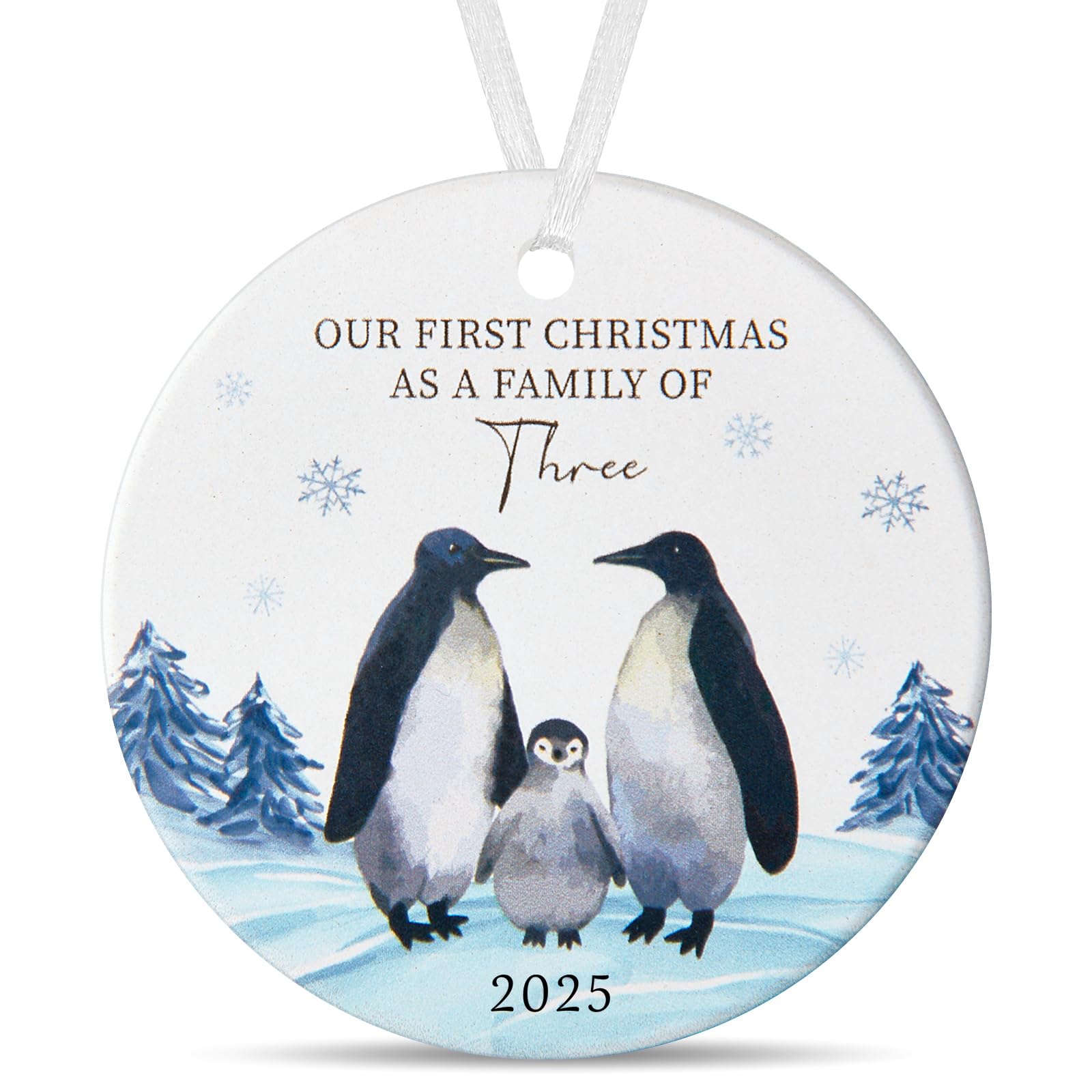 Tenare 2025 First Christmas as a Penguin Family of Three Design Ceramic Bauble Ornament for Xmas Tree Personalised Family New Baby Gift Baby's First Christmas Keepsake New Parents Gift