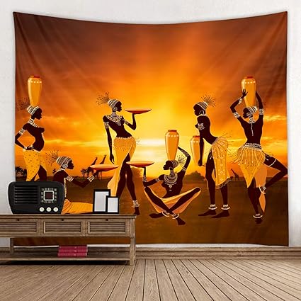African Tribal Woman Orange Print Fabric Tapestry Decor Wall Art Tablecloths Bedspread Picnic Blanket Beach Throw Tapestries Colorful Bedroom Hall
