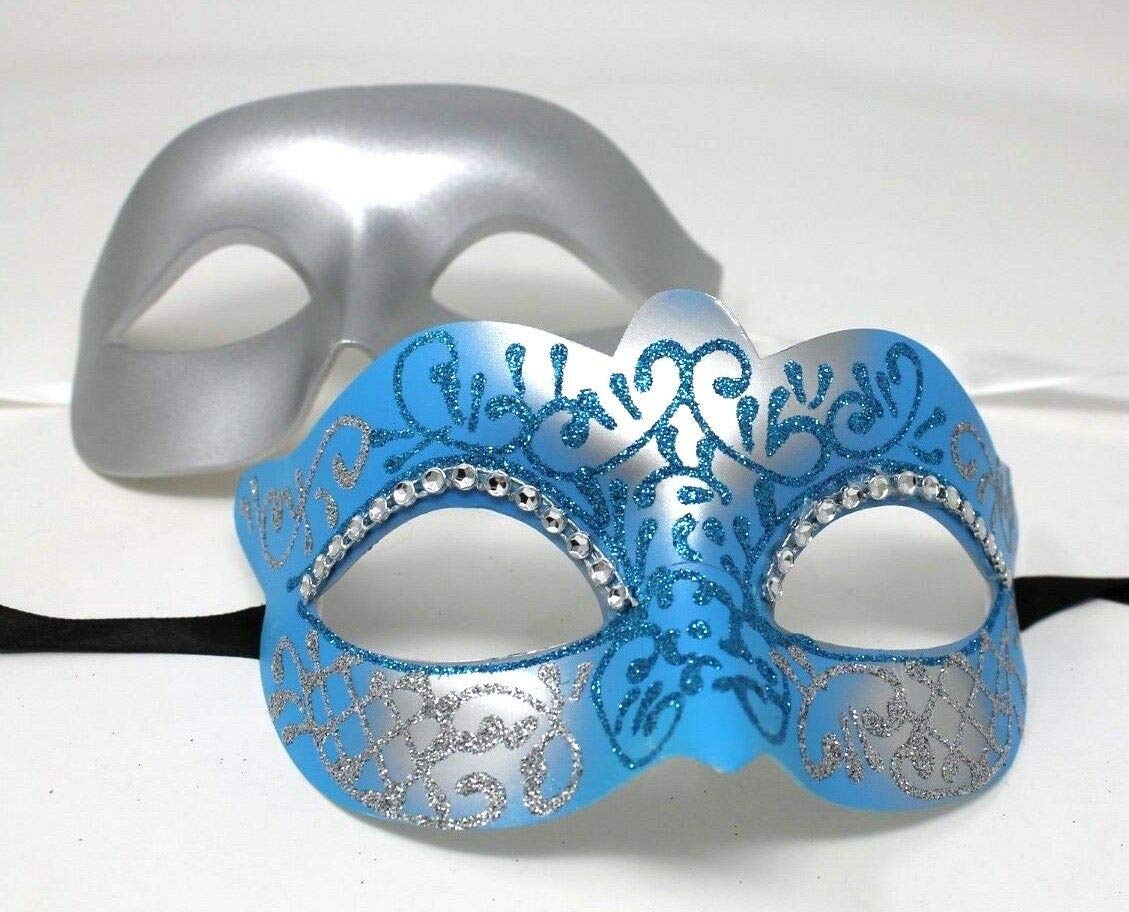 HIS N HERS PAIR OF CO-ORDINATED SILVER & TURQUOISE COUPLES VENETIAN MASQUERADE CARNIVAL PARTY BALL EYE MASKS