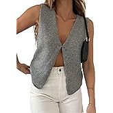 Womens Vintage Knittd Tank Y2k Vest Crop Top Sleeveless V-Neck Open Front Button Crochet Knit Vests Tops Streetwear