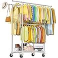 100% Stainless Steel Heavy Duty Clothes Rack Load 960LBS, Three Rods Clothing Racks for Hanging Clothes Extendable, Rolling Garment Rack With Sturdy Wheels Shelves Hooks, Portable Closet Wardrobe Rack