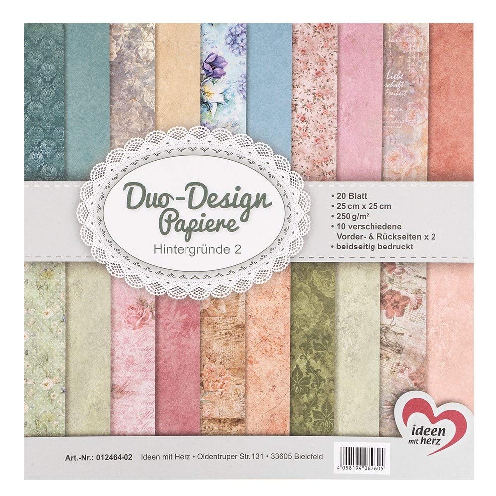Ideen mit Herz Duo Design Papers, Pad with 20 Sheets of Craft Paper, 25 x 25 cm, 250 g/m², Printed on Both Sides, Design Paper, Motif Paper, Ideal for Scrapbooking, Crafts (Backgrounds 02)
