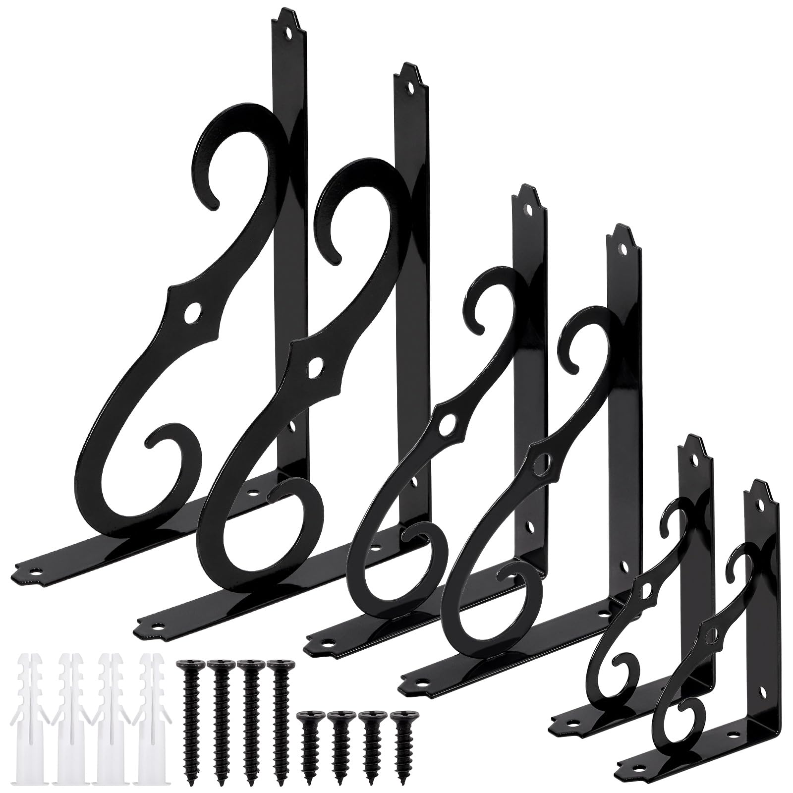 Tanstic 2 Pack 8 Inch Decorative Shelf Brackets, Heavy Duty Metal Wall Mounted Floating Shelf Bracket, L Shape Corner Brace Shelf Support Angle Brackets with Screws for DIY Open Shelving (Black)