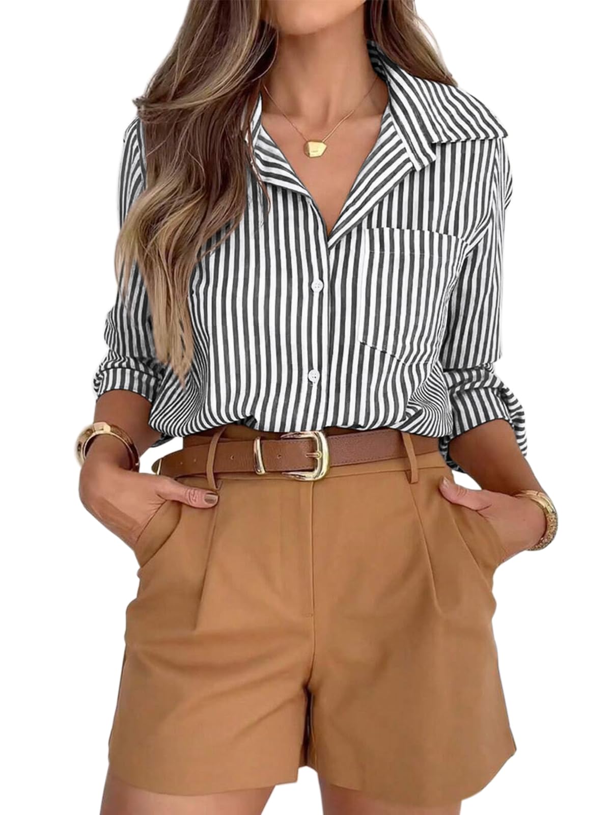 Photo 1 of siliteelon Striped Button Down Shirts for Women Dress Shirts Long Sleeve Casual Collared Office Work Shirt with Pocket Dark Black and White