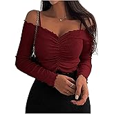 RoseSeek Women's Off The Shoulder Ruched Crop Tops Long Sleeve Slim Fit T Shirts