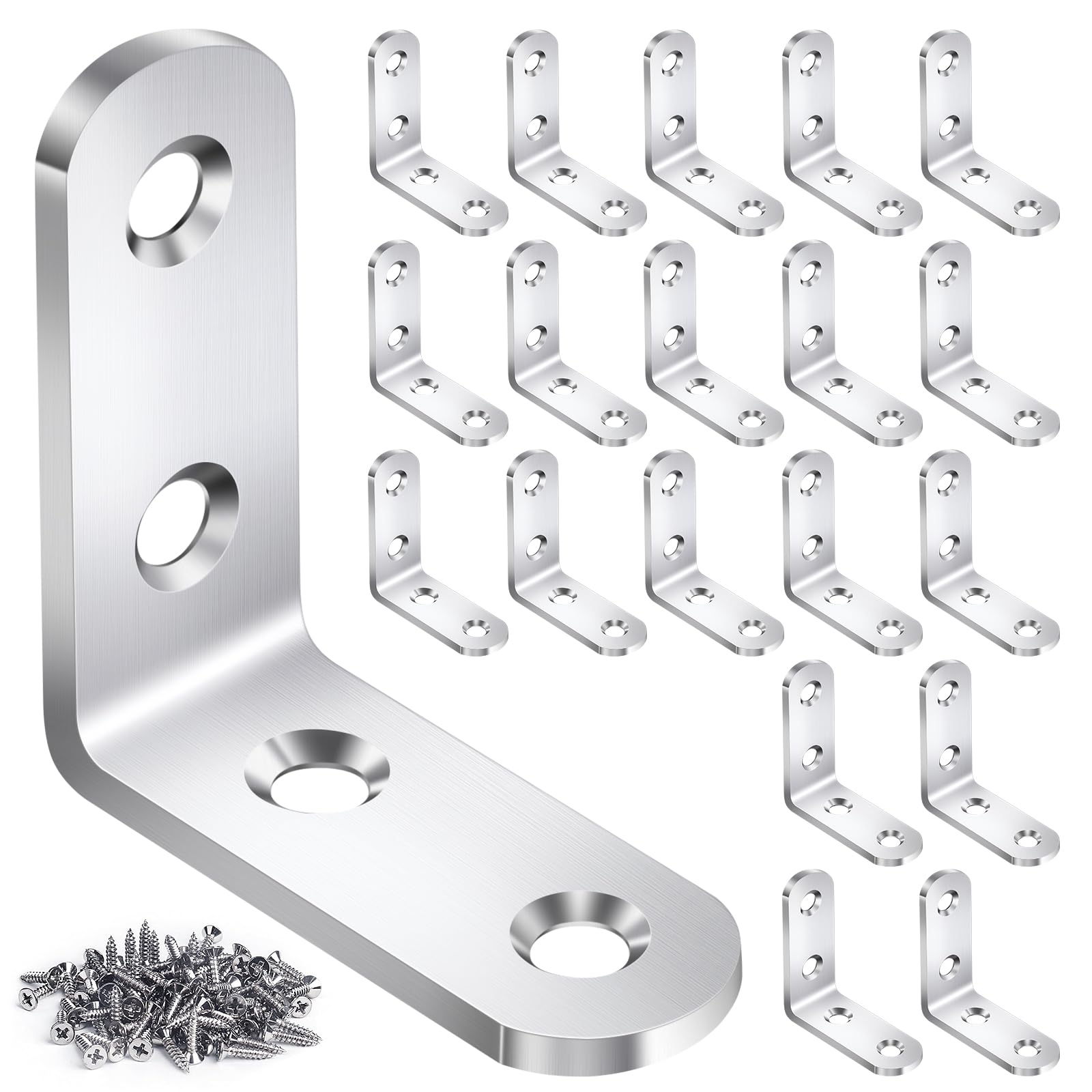 Photo 1 of 20PCS L Bracket Corner Brace Sets, Stainless Steel L Brackets for Wood Shelves, 90 Degree Right Angle Bracket with 80 Screws, Metal Corner Brackets for Furniture Cabinet Drawer Chair (1.57x1.57 in)