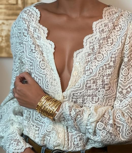LUXVEER DRESSY LACE TOPS FOR WOMEN BLOUSES FOR WOMEN CASUAL V NECK BUTTON DOWN SHIRTS FOR WOMEN IVORY