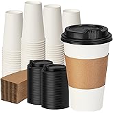 VPACKDUO 16 oz 100 Pack Coffee Cups with Lids and Sleeves, Hot Paper Coffee Cups with Lids, Disposable To Go Cups with Lid for Coffee, Tea, Hot Chocolate, Ideal for Cafes, Offices and Travel