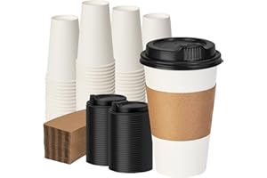 VPACKDUO 16 oz 100 Pack Coffee Cups with Lids and Sleeves, Hot Paper Coffee Cups with Lids, Disposable To Go Cups with Lid for Coffee, Tea, Hot Chocolate, Ideal for Cafes, Offices and Travel