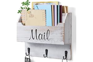 DRASTAR Mail Organizer Wall Mounted, Wooden Mail & Key Holder for Wall, Hanging Mail Organizer, Retro White Mail Basket for Home Office