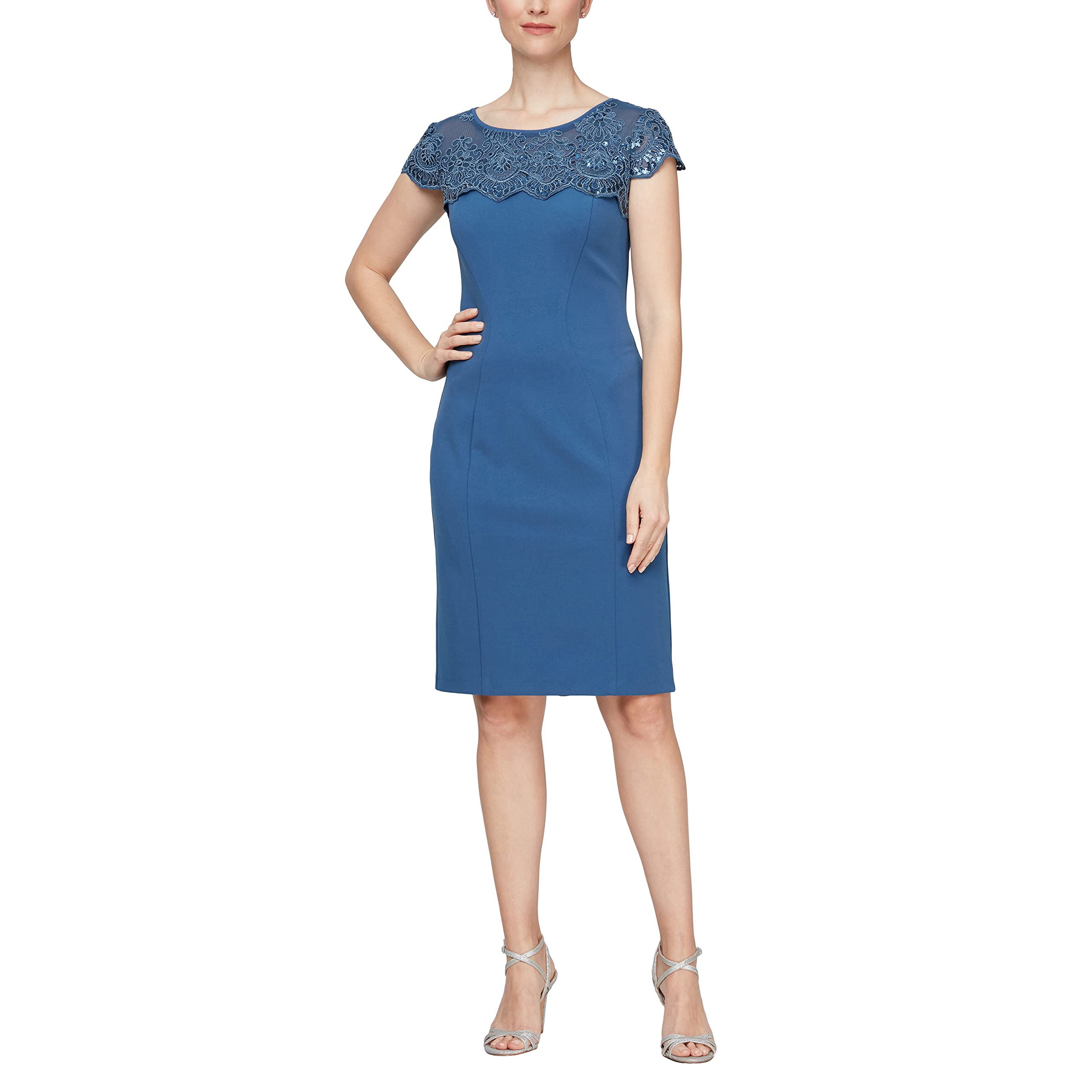 Alex Evenings Women’s Short Embroidered Cocktail Dress, Wedding Guest (Petite and Regular Sizes), Vintage Blue Crepe, 16