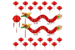 PEYWOT 23 Pcs Chinese New Year Decorations with 2 3D Chinese New Year Dragon Decorations and 1 Red Ball and 20 Chinese New Year Lanterns for Chinese Spring Festival Party Decorations