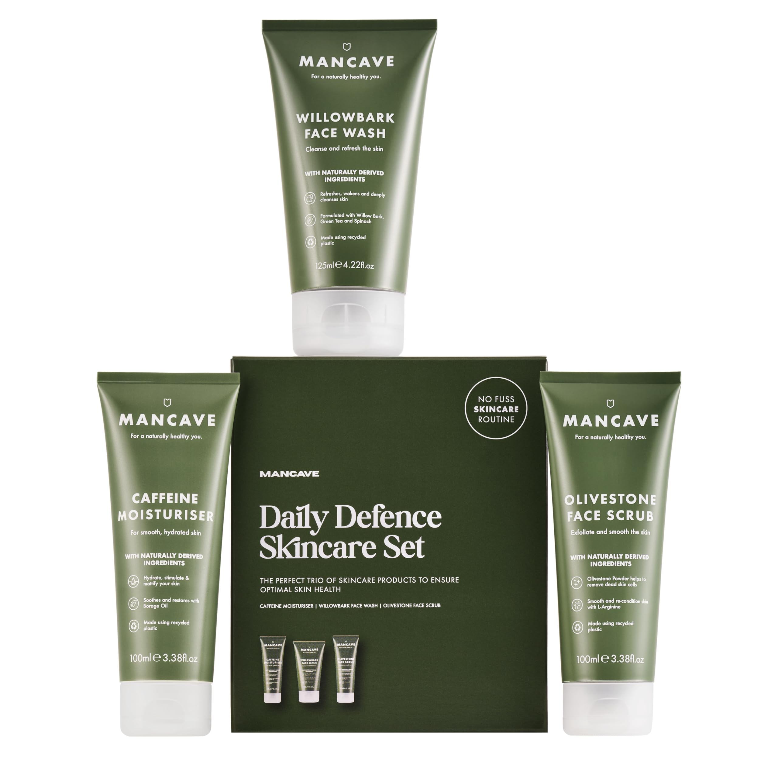 ManCave Daily Defence Skincare Gift Set for Men, Natural & Vegan Face Wash, Face Scrub & Moisturiser. Recycled Packaging, Made in England