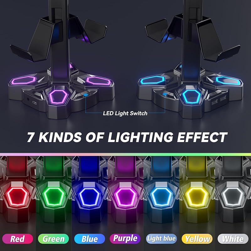 Suporte LED para auscultadores gaming com 2 portas USB de carregamento e 1 tipo C