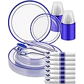 Goodluck 175 Piece Blue Plastic Plates, Clear Plastic Silverware Disposable Plates Set, Include 50Plates, 25Pack Pre Rolled Napkins with Silverware, 25Cups for Party, Wedding, Graduation