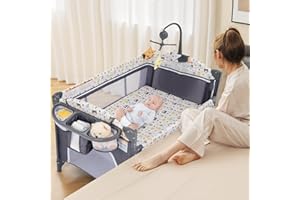 INFANS Pack and Play, 5 in 1 Baby Bedside Sleeper with Bassinet, Diaper Changer, Mattress, Carry Bag, Music Box Hanging Toys, Foldable Bedside Crib, Portable Playard for Newborn Toddlers (Bear)