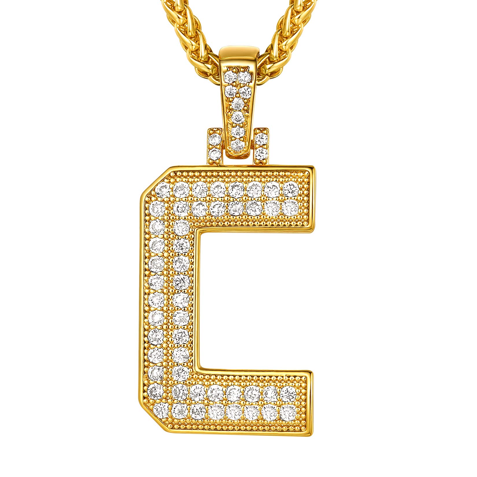 Suplight Monogram Name Necklaces, Necklace Letter C, Bling Hip Hop Jewelry, Gold Plated Micro Pave Cubic Zirconia A-Z Alphabet Initial Pendant Necklace for Men Boys