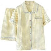 Womens Pajamas for women Set Gingham Cotton Gauze Short Sleeve Tops and Shorts Pjs Plaid Lounge Set