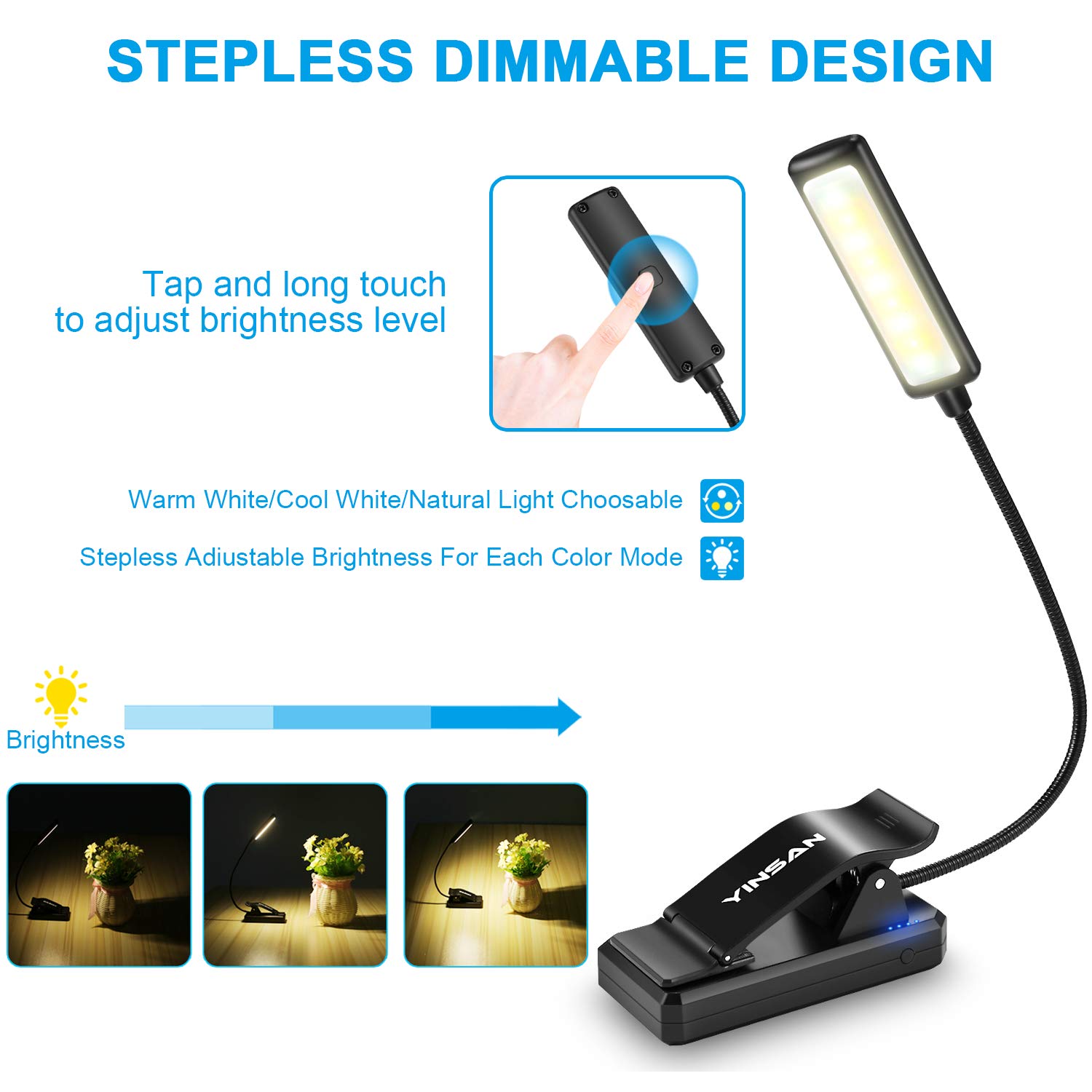 9 LED Luz de Lectura Libro, YINSAN Lampara Lectura Recargable con Sensor Táctil, 3 Modos de Brillo Ajustable (Luz Cálido y Blanco), Luz Pinza Libro para Lectores Noche, E-Reader, Estudio, Cama, Tablet