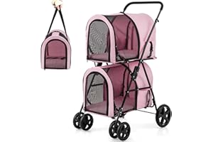 Giantex Double Pet Stroller with 2 Detachable Carrier Bags, Safety Belt, 4 Lockable Wheels, Folding Cat & Dog Stroller for Small Medium Pets, Cats Dogs Puppy Travel Strolling Cart (Pink)