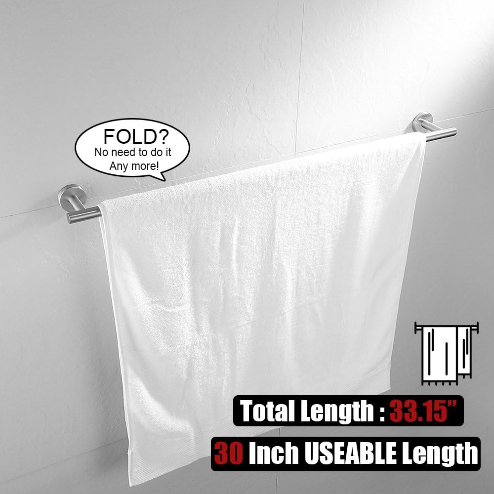 JQK Bath Towel Bar, 30 Inch Stainless Steel Single Towel Rack for Bathroom, Towel Holder (Brushed Finished) Wall Mount, 32.91 in Total Length: Home & Kitchen