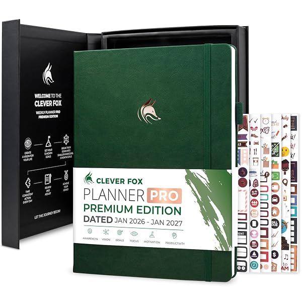 CLEVER FOX PLANNER PRO PREMIUM JAN 2026-JAN 2027 – LUXURIOUS WEEKLY, MONTHLY & BUDGET AGENDA ORGANIZER FOR PRODUCTIVITY & REACHING GOALS, A4 HARDCOVER + KEEPSAKE BOX – FOREST GREEN