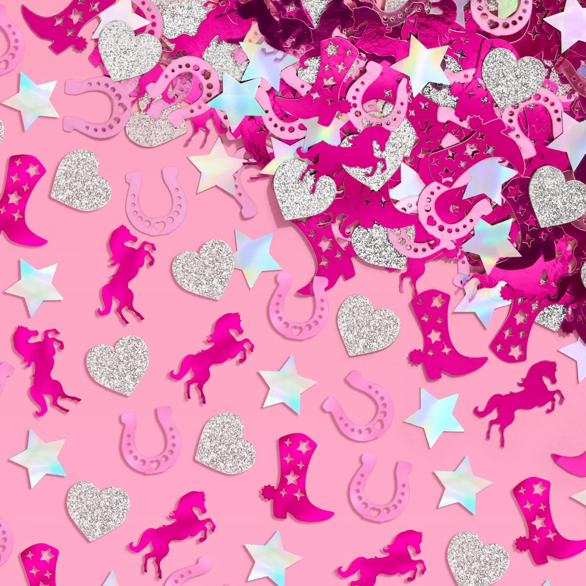 Photo 1 of xo, Fetti Pink Pony Club Confetti - 200 pcs | Cowgirl Tablescape, Silver Glitter Bachelorette, Western Table Decor, Birthday Decorations, Cute Party Supplies