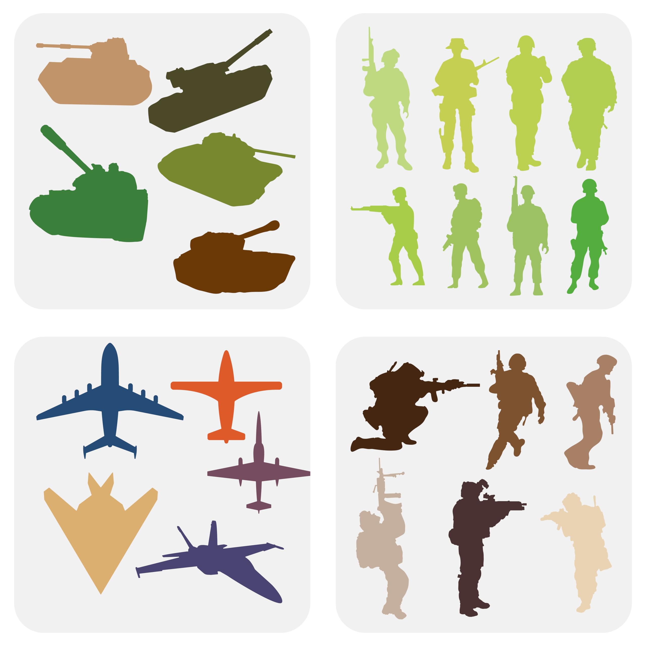 FINGERINSPIRE 4-Piece Army Soldiers Stencil Set: Tanks, Bombers, Soldiers & Rifles - 20x20cm - Military Theme - Perfect for Painting on Wood, Wall, Fabric, Canvas & Furniture