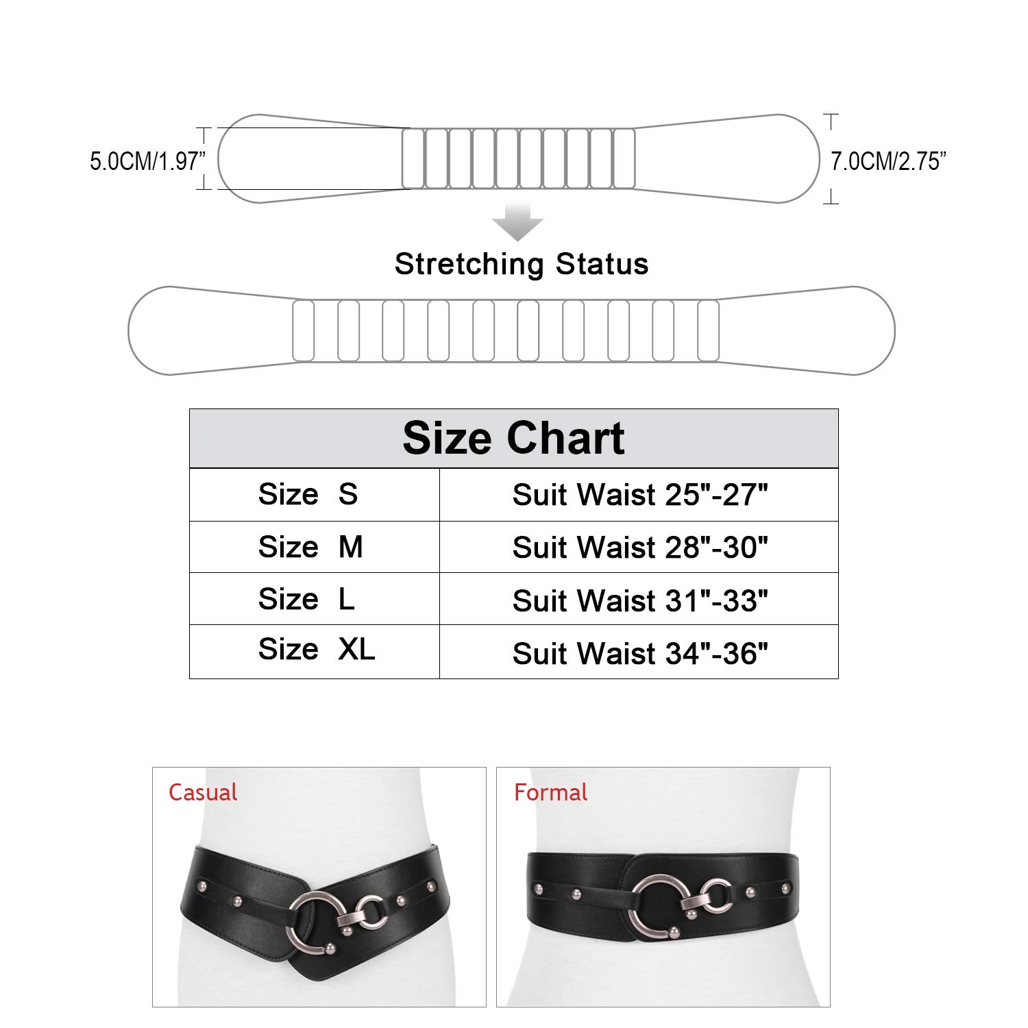 Women\'s Wide Stretchy Cinch Belt Vintage Semi Ring Buckle Leather Belts S-XXL
