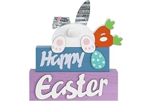Easter Decorations, MEETYAMOR 3-Layered Easter Bunny with Carrots Farmhouse Wood Block Easter Decor, Happy Easter Sign Easter Egg Design Easter Decorations Indoor for Home, Living Room, Tables, Mantel
