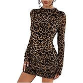 WDIRARA Women's Leopard Print Ruched Bodycon Mini Dress Mock Neck Long Sleeve Dresses