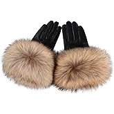 BOONJOVIA Women Genuine Lambskin Leather Gloves With Real Fox Fur Trim Cuff Winter Warm Driving Gloves-Velvet Lined