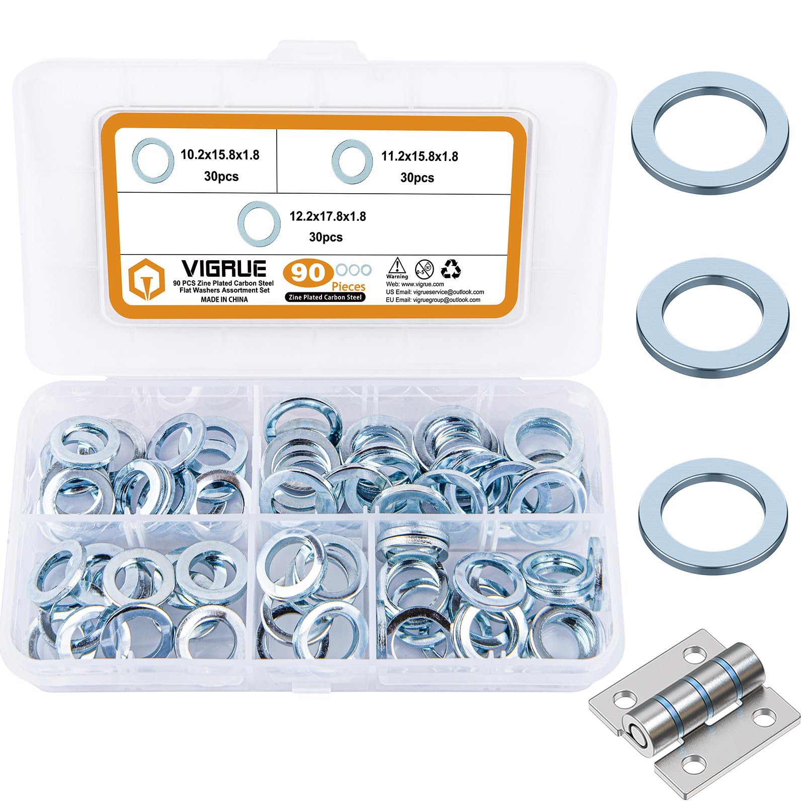 VIGRUE Pack of 90 Fitting Rings Galvanised Steel Mixed Assortment Diameter 10.2/11.2/12.2 mm Door Washers Set Washers in Assortment Box